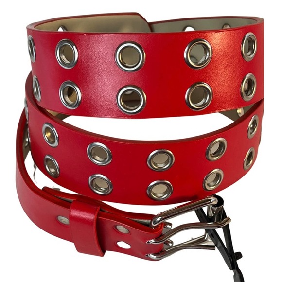 New Unisex Red Genuine Leather Rivets Belt - Picture 2 of 4